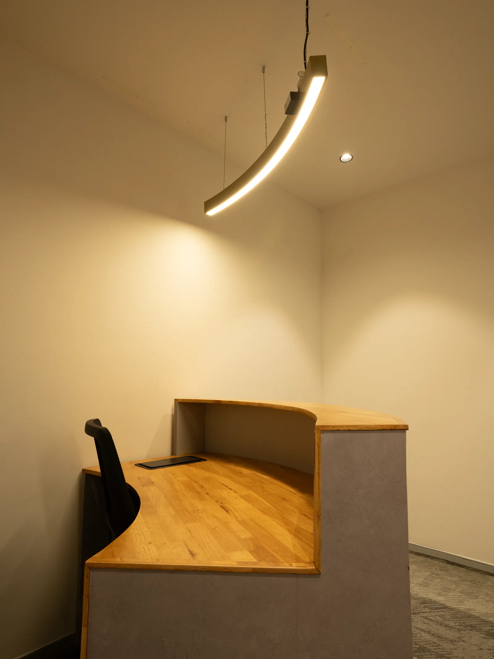 Timber reception counter under a linear pendant — Moschip